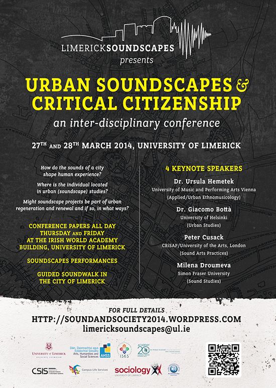poster by lizzy doe for limerick soundscapes conference, featuring a map of limerick and limericksoundscapes logo 