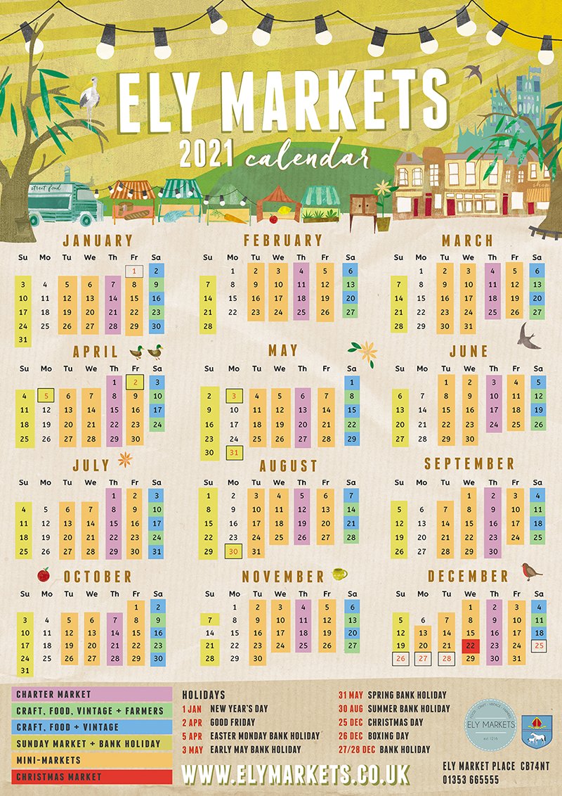 Illustrated calendar for Ely Markets by Lizzy Doe