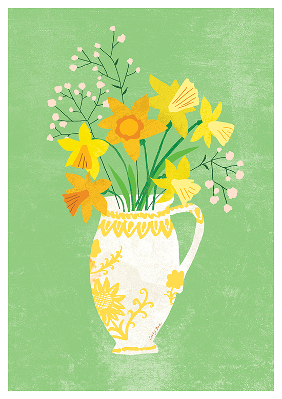 daffodils in a spanish vase illustration by Lizzy Doe