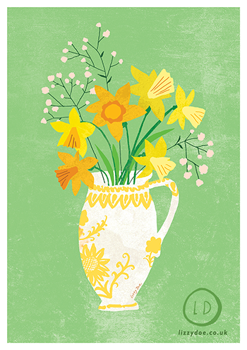 spring flowers in a spanish vase illustration by lizzy doe